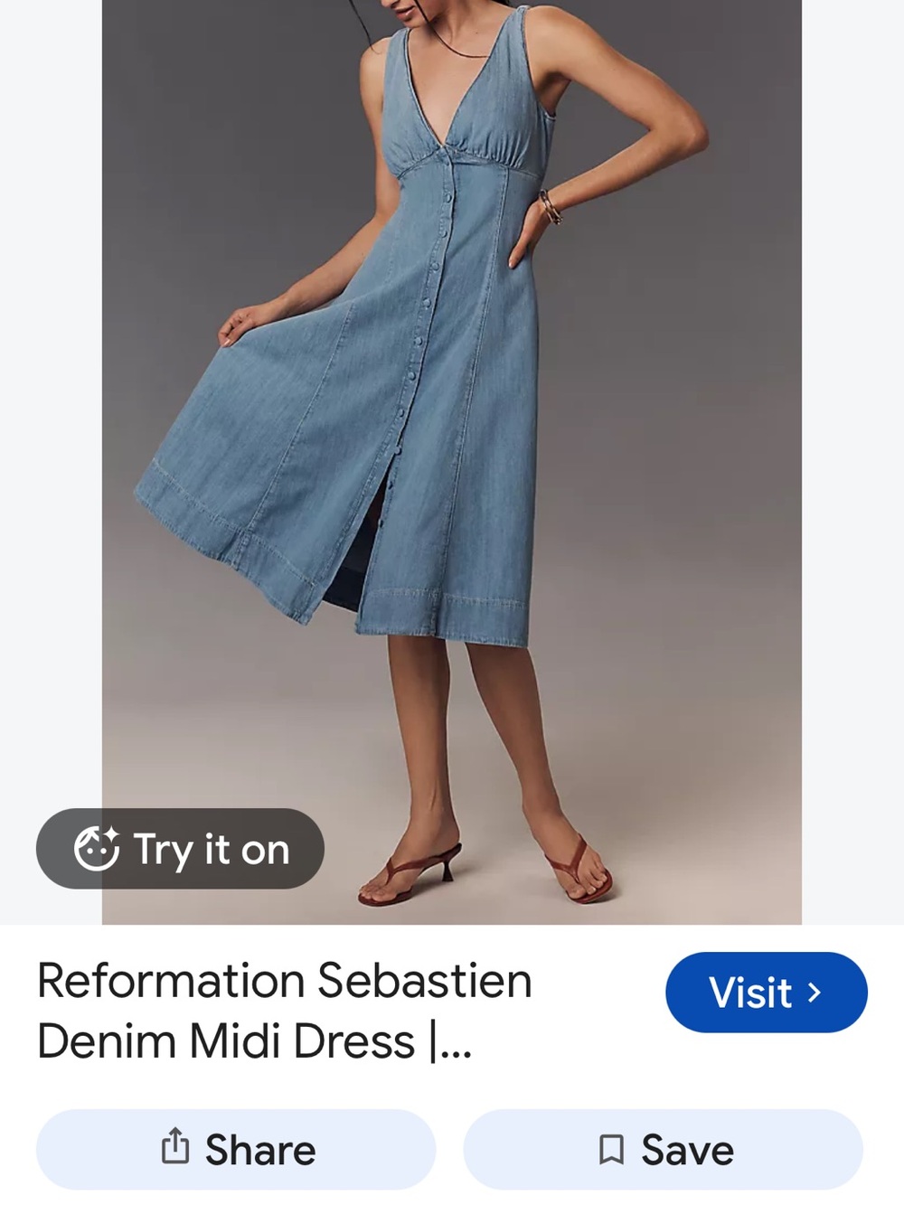 Reformation Denim Button-Front Midi Dress in Light Blue